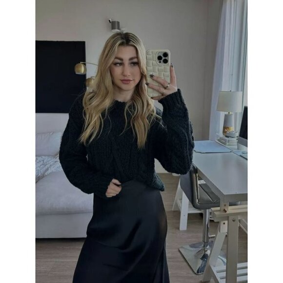 FREE PEOPLE Cutting Edge Cotton Cable Sweater in Black Size X-Large - Picture 11 of 14